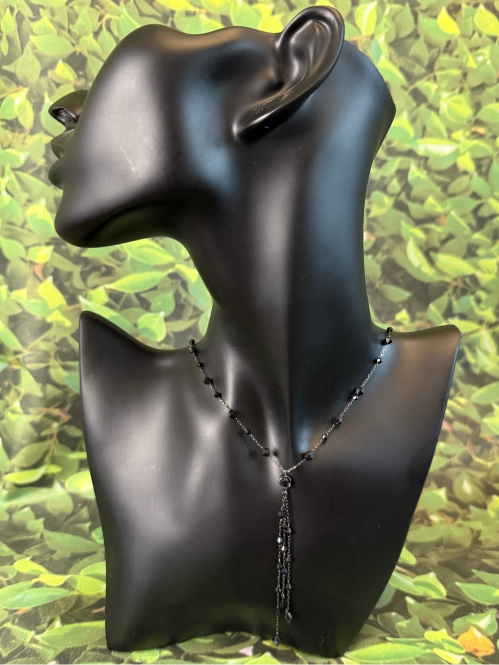 Vintage Signed 1928 Black Crystal Y-Drop Tassel Necklace Whimsigoth Gothic